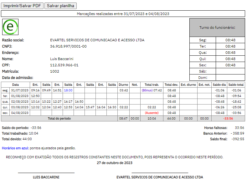 Folha de ponto